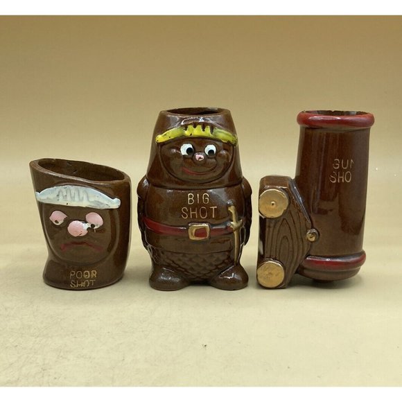 Vintage JAPANESE Red Ware Shot Glass Lot Gun Shot Big Shot Poor Shot LOT 3 READ - Picture 1 of 11